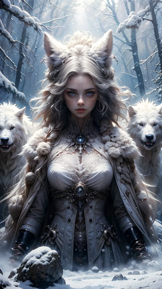 ((A woman from the snowy mountains, viste un traje de pieles de animales sexy y blanco), (Cabello Gris platinado muy largo con rastas), con pecas y la nariz roja por el frio intenso, pose de cazadora, cuerpo atletico y tatuajes tribales, pelo gris despeinado, tiene un lobo blanco de mascota junto a ella, feroz y leal. They are on an ancient rock in the snow, raytraced, viento, paisaje de bosque nevado, (aesthetics and atmosphere:1.2), curiosa, feroz, valiente, ojos brillantes y azul cyan,plano amplio, cuerpo completo, extremidades posando como cazador. (foto cruda, mejor calidad), (realista, photo-realista:1.3), Obra maestra, un extremadamente atletico y hermoso cuerpo, cuerpo palido extremadamente detallado, Best quality score, ultra dynamic rage hunter pose, close up, high view, snowy forest atmosphere, angulo picado, pose de cazadora, tiene un lobo blanco de mascota junto a ella, ambos posan como cazadores