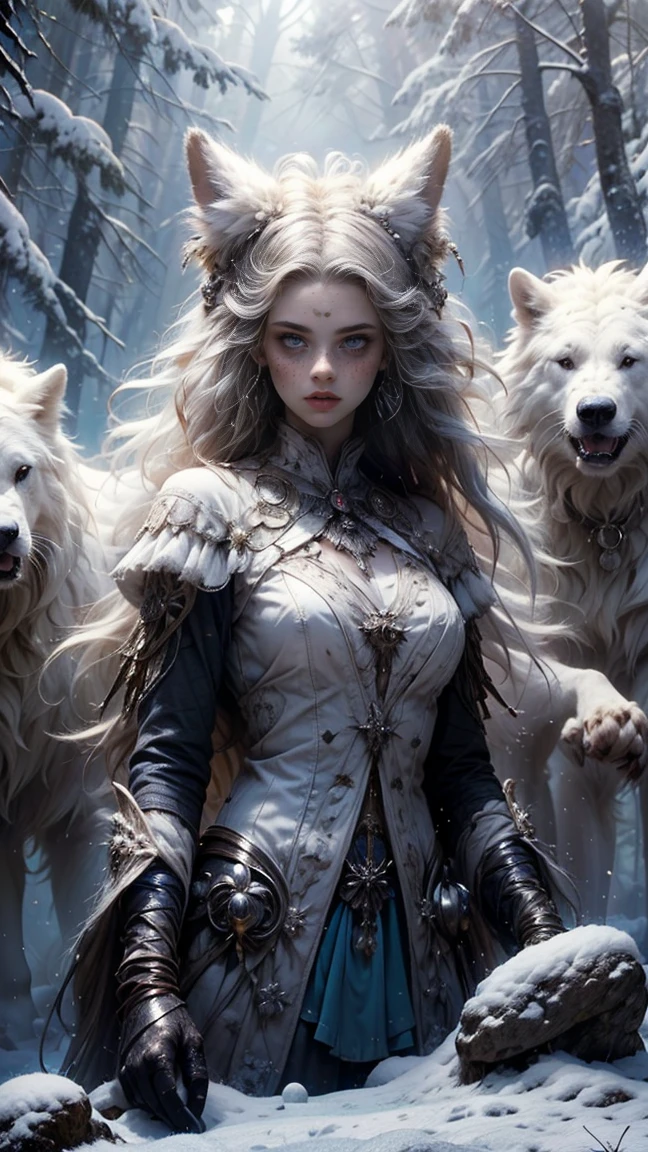 ((A woman from the snowy mountains, viste un traje de pieles de animales sexy y blanco), (Cabello Gris platinado muy largo con rastas), con pecas y la nariz roja por el frio intenso, pose de cazadora, cuerpo atletico y tatuajes tribales, pelo gris despeinado, tiene un lobo blanco de mascota junto a ella, feroz y leal. They are on an ancient rock in the snow, raytraced, viento, paisaje de bosque nevado, (aesthetics and atmosphere:1.2), curiosa, feroz, valiente, ojos brillantes y azul cyan,plano amplio, cuerpo completo, extremidades posando como cazador. (foto cruda, mejor calidad), (realista, photo-realista:1.3), Obra maestra, un extremadamente atletico y hermoso cuerpo, cuerpo palido extremadamente detallado, Best quality score, ultra dynamic rage hunter pose, close up, high view, snowy forest atmosphere, angulo picado, pose de cazadora, tiene un lobo blanco de mascota junto a ella, ambos posan como cazadores