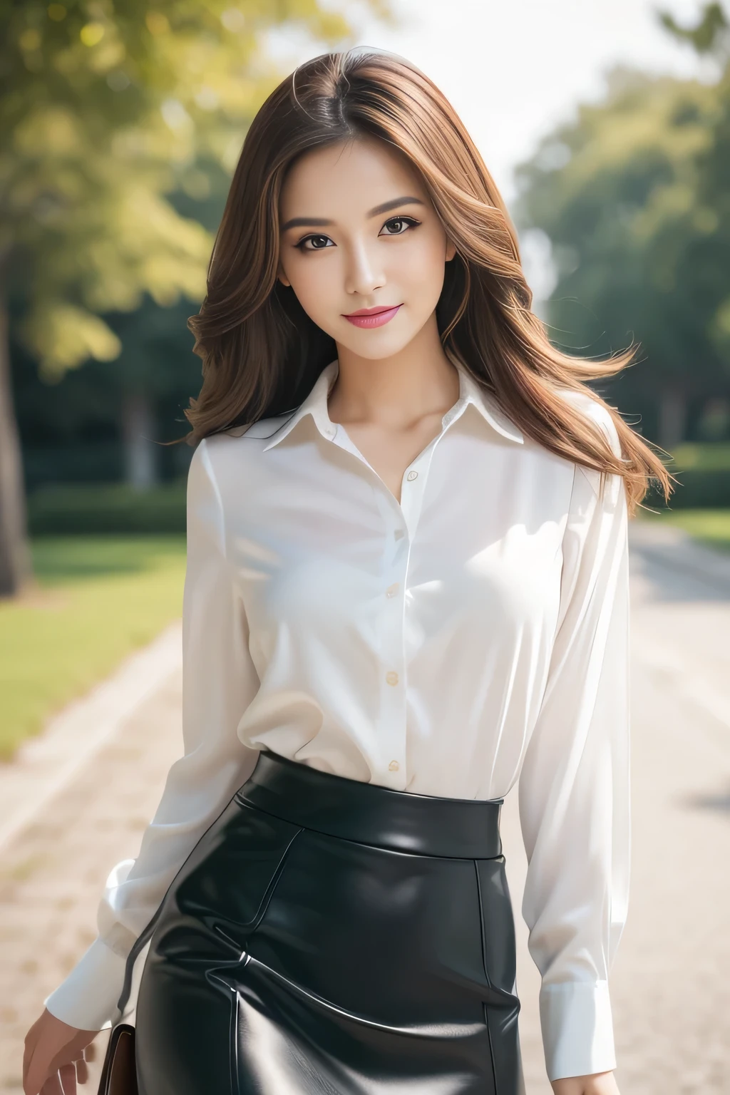 (highest quality,Very detailed,Photorealistic:1.37),Very beautiful eyes, Bright and vibrant colors,Studio Lighting, Playful expressions, Very fine grain, Stylish makeup,Beautiful fashion model posing, Ribbon Blouse Silk Shirt, loose long shirt, (mini black pencil skirt) (Skin Tight Skirt), Slim figure, Medium round chest, High Fashion, Brown hair fluttering in the wind,Captivating eyes,Glossy Lips,Sexy pose, Confident、Captivating smile, Posing for a professional photo shoot, Shallow depth of field, emphasize the subject, Soft natural light, Create a dreamy and magical atmosphere.