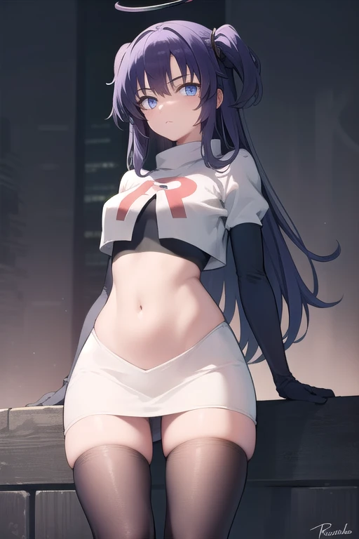 bluearchiveyuuka, yuuka, blue eyes, halo, purple hair, two side up, long hair,
BREAK halo, team rocket,team rocket uniform,white skirt,red letter R,crop top,black thigh-highs,black elbow gloves
BREAK looking at viewer,
BREAK (masterpiece:1.2), best quality, high resolution, unity 8k wallpaper, (illustration:0.8), (beautiful detailed eyes:1.6), extremely detailed face, perfect lighting, extremely detailed CG, (perfect hands, perfect anatomy),