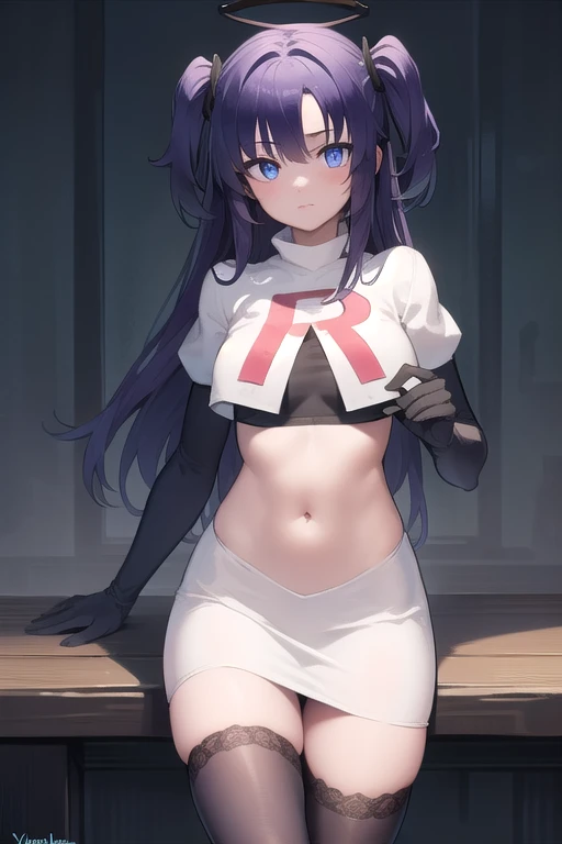 bluearchiveyuuka, yuuka, blue eyes, halo, purple hair, two side up, long hair,
BREAK halo, team rocket,team rocket uniform,white skirt,red letter R,crop top,black thigh-highs,black elbow gloves
BREAK looking at viewer, 
BREAK (masterpiece:1.2), best quality, high resolution, unity 8k wallpaper, (illustration:0.8), (beautiful detailed eyes:1.6), extremely detailed face, perfect lighting, extremely detailed CG, (perfect hands, perfect anatomy),
