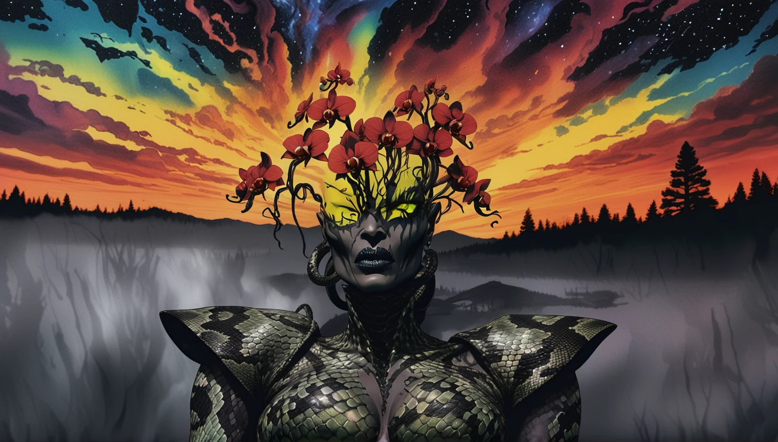 Medusa, colors, bleak muted deep fiery radiant glowing ROYGBIV, splash page decompressed comic cover art, ink style figure, ((expressive Joelle Jones and "Sean Gordon Murphy" comic drawing)), wordless, cinematic poster, double exposure, optical illusion, image within image, abyss void black no visibility darkness, full length portrait, (background, pine barrens, entropy, rewilding, magic hour sunset, galaxy stars, cosmos), (horror, abstract, surreal, body, cosmic), candid, snake skin dress, morphology anatomy drawn Frederic Delavier musculature anatomical illustration, (face, ornate black-metal corpsepaint face paint, resembles Grace Jones), (body, Naga, snakefolk, lower body snake tail, snake woman hybrid, bald, hairless, skeleton, snake skin tattoos, piercing eyes, snake pupils, over the shoulder), (colors, bleak muted deep fiery radiant glowing ROYGBIV, forest green, earth brown), craftsmanship nuance, (Gerardo Zaffino charcoal), subliminal orchids, nyctophobia, silhouette