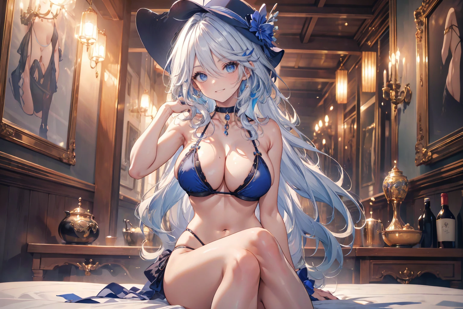 ((masterpiece, high resolution, better quality, better details)), (anime), a woman lying on a bed on the beach, ((toothy smile)), ((royal blue micro bikini with black details)), ((thong bikini)), cleavage, platform high heels, black neck choker, large straw hat, white hair with blue highlights, shiny skin, ((slender body)), front view, beach landscape, wide hips, slim waist, big breasts,