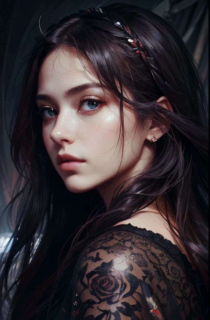 (best quality, highres, masterpiece:1.2), realistic, detailed, black rose in her heart, beautiful girl with long flowing hair, intense eyes, delicate lips, mysterious aura, dark background, oil painting style, vivid colors