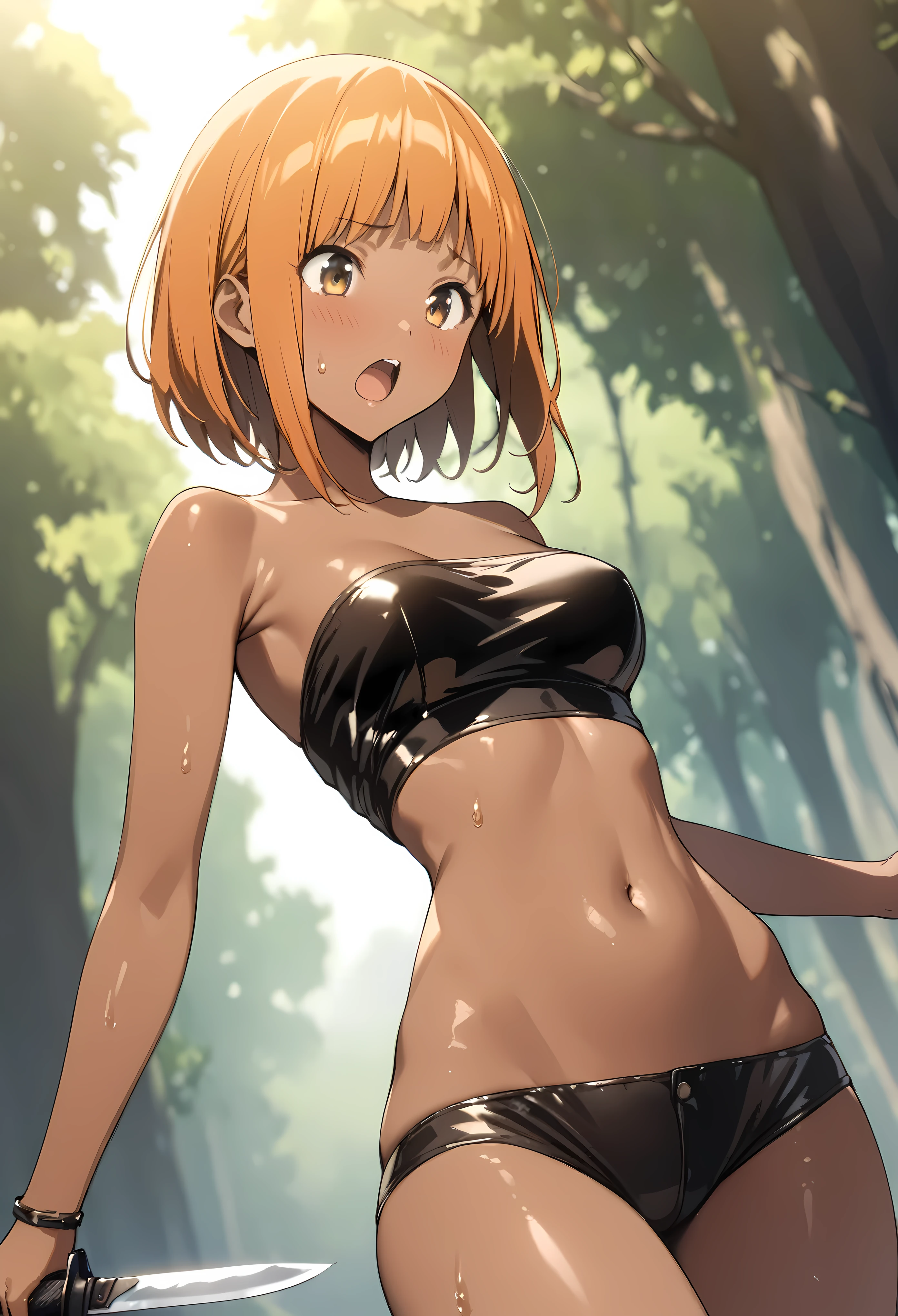 Dynamic Angle、((masterpiece, highest quality:1.2)),,1woman,20 year old beauty、solo,(bob hair),orange hair,very small head,open mouth,slender and long body,(tan skin:1.3),skinny,medium breasts,oily skin,shiny skin,sweat,Thief Costume、Tube top、Crop length、navel、leather micro shrts,Leather short boots、Holding a combat knife in hand、Run、Sprint、Jump、forest trees、Sunlight filtering through the trees、Fantasy World,