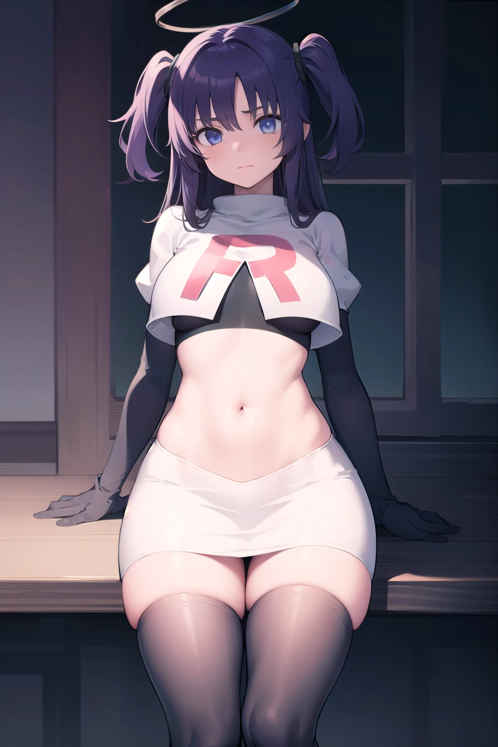 bluearchiveyuuka, yuuka, blue eyes, halo, purple hair, two side up, long hair,
BREAK halo, team rocket,team rocket uniform,white skirt,red letter R,crop top,black thigh-highs,black elbow gloves
BREAK looking at viewer,
BREAK (masterpiece:1.2), best quality, high resolution, unity 8k wallpaper, (illustration:0.8), (beautiful detailed eyes:1.6), extremely detailed face, perfect lighting, extremely detailed CG, (perfect hands, perfect anatomy),