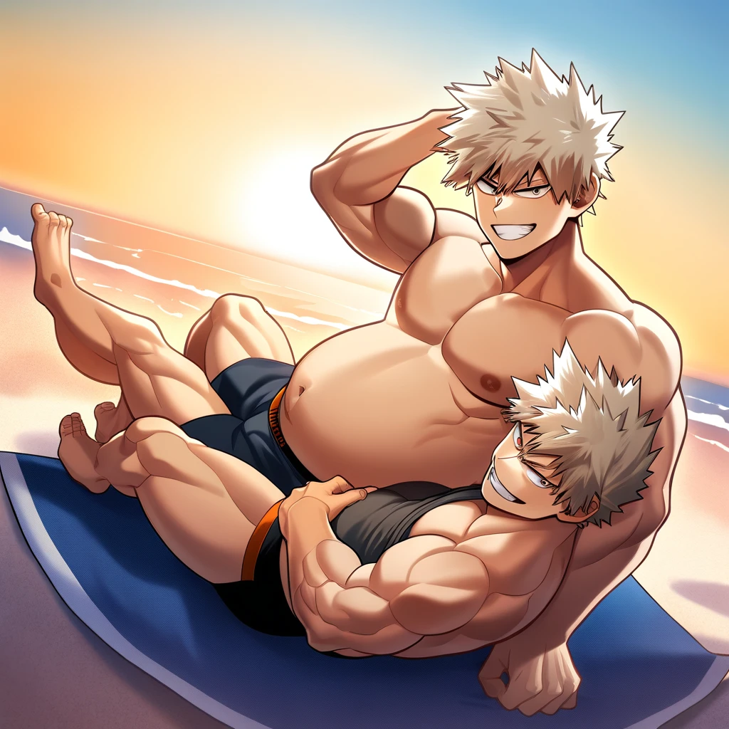 2boys, full body, male focus, muscular male, best quality, amazing quality, best aesthetic, absurdres, at the beach, gay couple, official style, year 2023, game cg, looking at viewer, happy, looking at viewer, together on picture, yaoi, gay couple, emphasizing the extraordinary size of pregnant belly, pregnant belly, wet with milk dripping, ( bakugou katsuki), Adult Flame Hero: Endeavor, boku no hero academia, nipples, arms back of head, wearing black short underwear, grin.