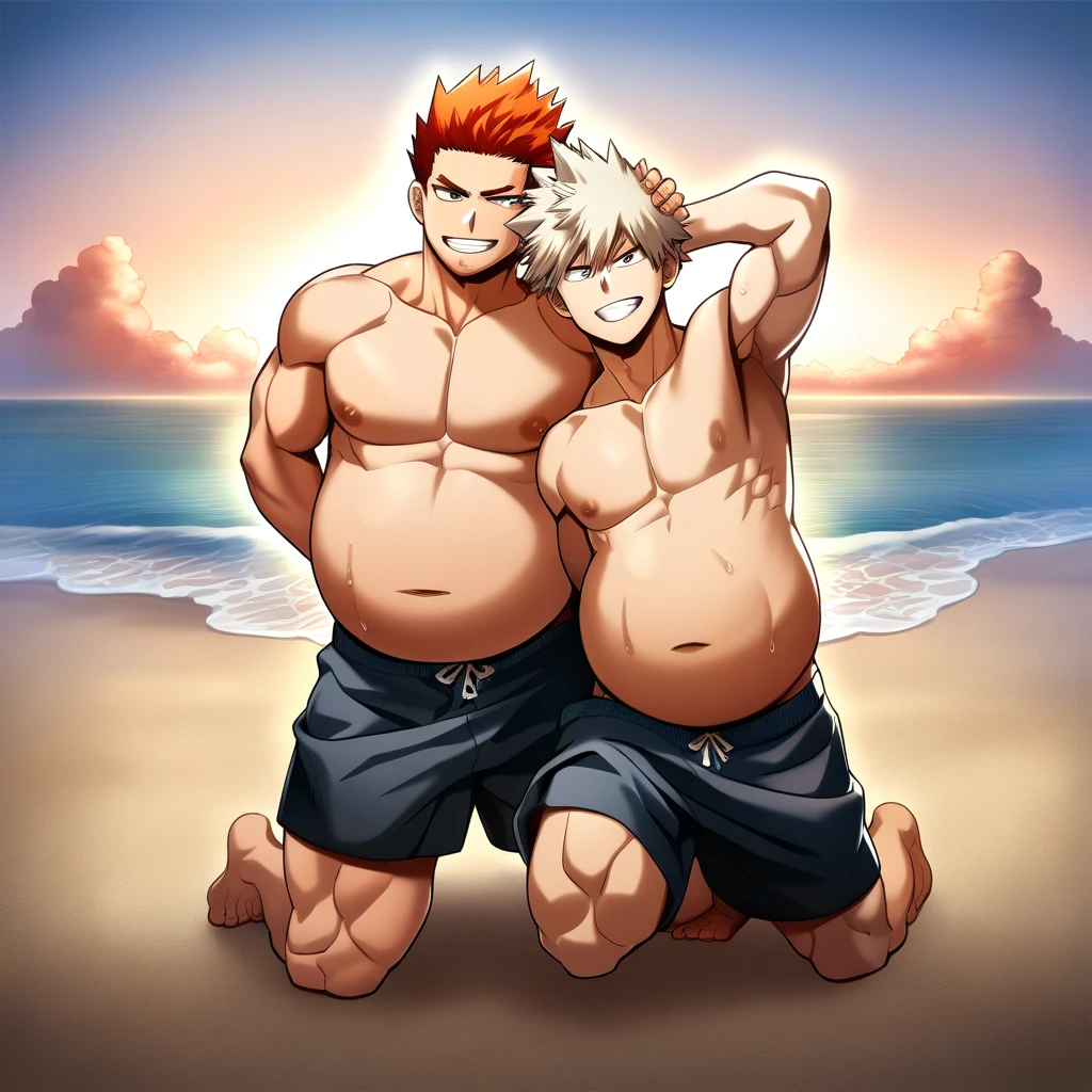 2boys, full body, male focus, muscular male, best quality, amazing quality, best aesthetic, absurdres, at the beach, gay couple, official style, year 2023, game cg, looking at viewer, happy, looking at viewer, together on picture, yaoi, gay couple, emphasizing the extraordinary size of pregnant belly, pregnant belly, wet with milk dripping, (teen bakugou katsuki), Adult Flame Hero: Endeavor, boku no hero academia, nipples, arms back of head, wearing black short underwear, grin.