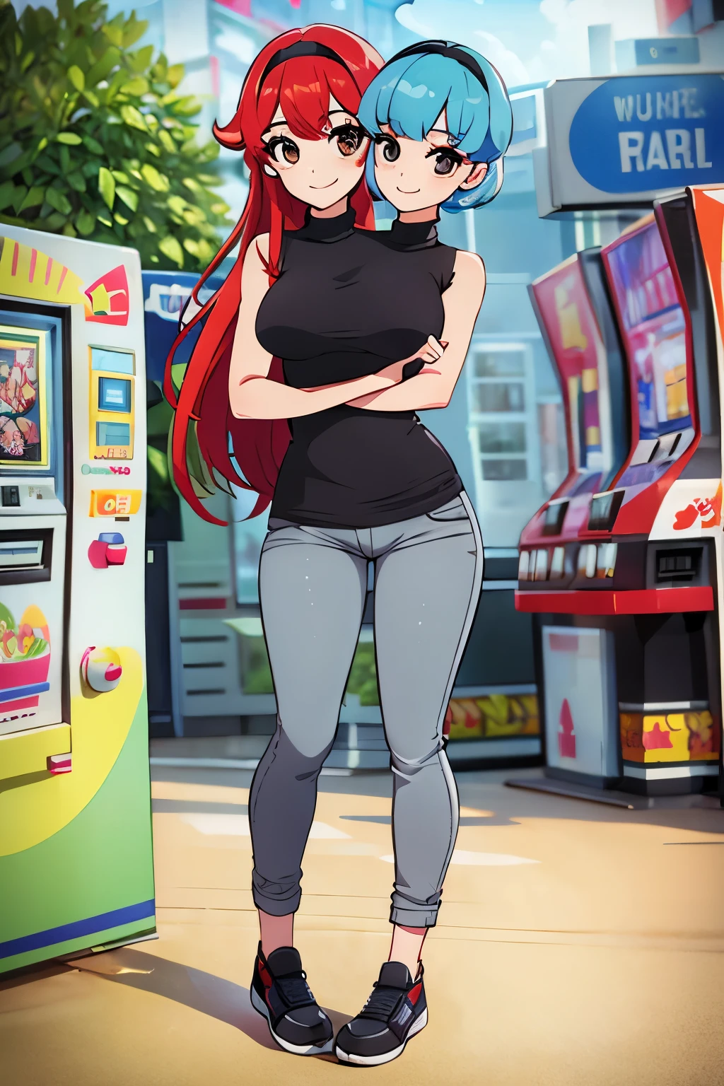 best quality, (masterpiece),(ultra-detailed), (high quality), (high resolution), ((2heads:1.5)), best quality:1.5, highres, UHD, 16K), smiling, highres, masterpiece, ((blue hair)), ((red hair)), different hair colors, gamer girl, long hair, hair band, black eyes, black turtleneck shirt, grey pants, arcade room, (full body)