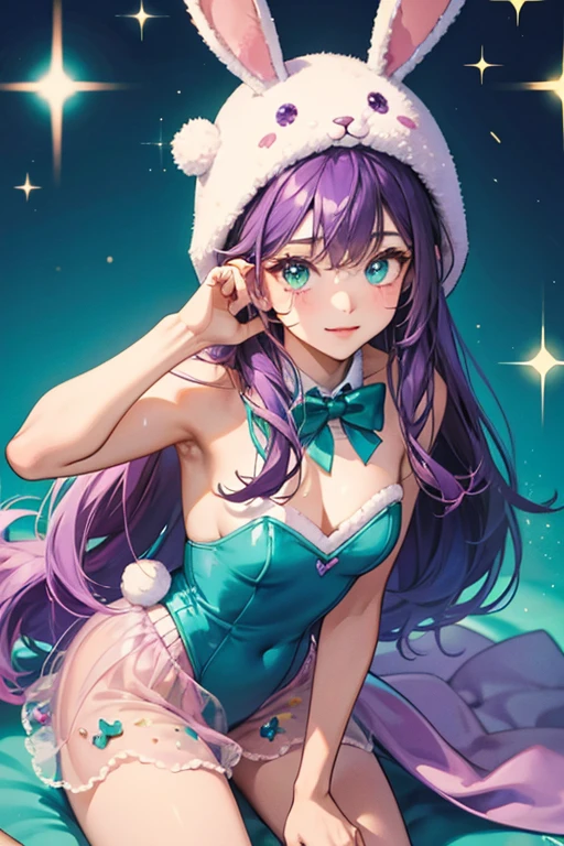 Cocoa  teal-and-purple  and wears a bunny hat  SPARKLE; GLITTER