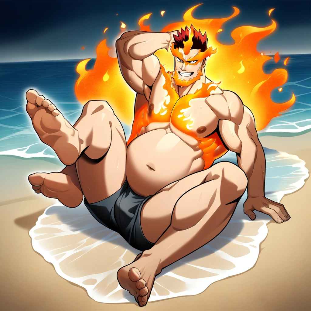 1boys, full body, male focus, muscular male, best quality, amazing quality, best aesthetic, absurdres, at the beach, gay couple, official style, year 2023, game cg, looking at viewer, happy, looking at viewer, together on picture, yaoi, gay couple, emphasizing the extraordinary size of pregnant belly, pregnant belly, wet with milk dripping, (Flame Hero: Endeavor), boku no hero academia, nipples, arms back of head, wearing black short underwear, grin.
