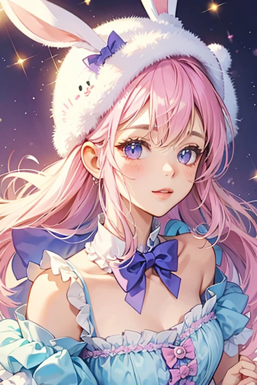 Vanilla frilly pink-and-lavender wears a bunny hat SPARKLE; GLITTER