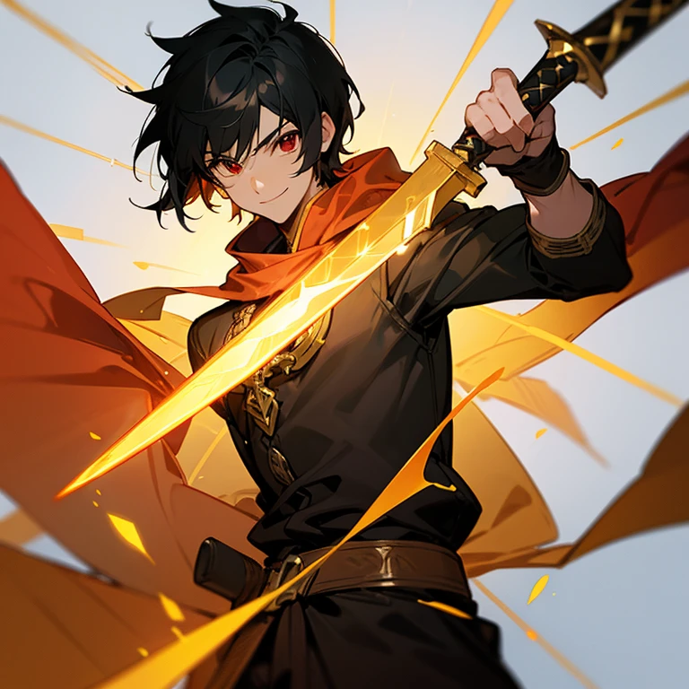 RPG Games Hero, Adventurer, male, Holds the golden sword of the hero, Black Hair, Red Eyes, Golden decoration, cool, smile, No logo, No text