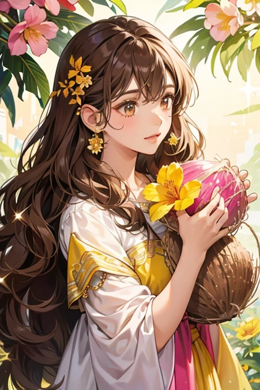 Coconut she has a long curly , brown hair, a tan face, a pink, and a yellow flower on her ear. SPARKLE; GLITTER