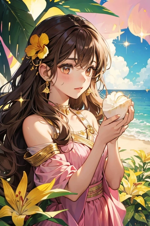 Coconut she has a long curly , brown hair, a tan face, a pink, and a yellow flower on her ear. SPARKLE; GLITTER