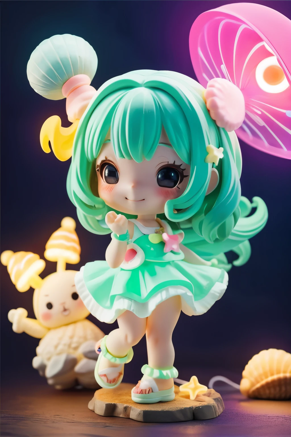 Photorealistic、whole body、Chibi Musume、Seashell Accessories、smile、Cute Shoes、Collecting seashells at night、Neon light clothes