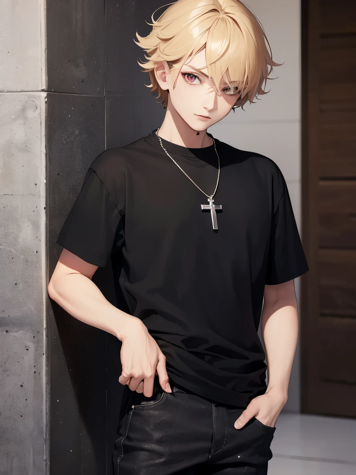 1boy,handsome,15 years old,standing,half body photo,Perfect face, HD face, ultra detailed face, short hair, blonde hair, messy hair, bright red eyes, vampire, black t-shirt, black trousers, cross necklace,ultra detailed, ultra HD