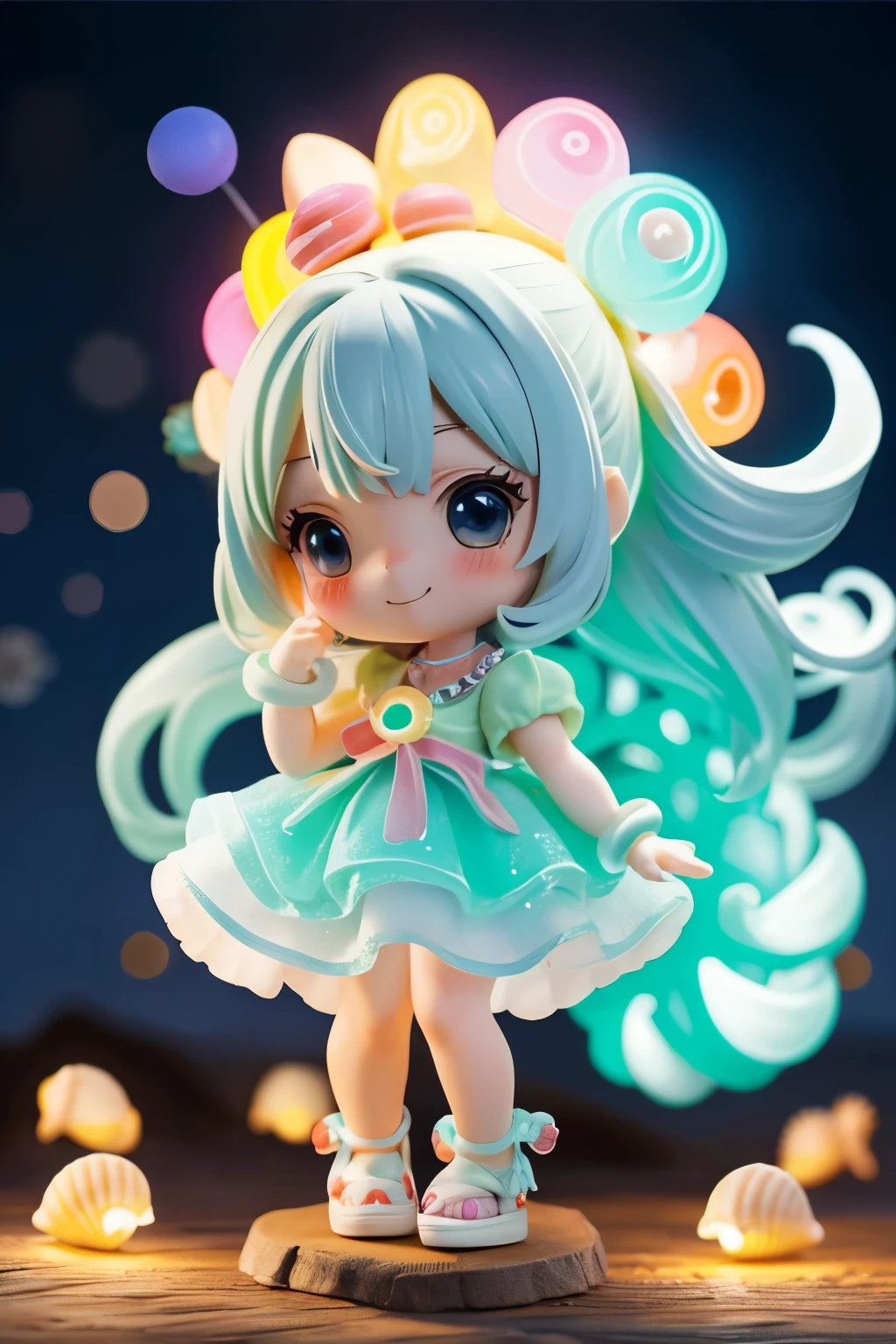 Photorealistic、whole body、Chibi Musume、Seashell Accessories、smile、Cute Shoes、Collecting seashells at night、Neon light clothes