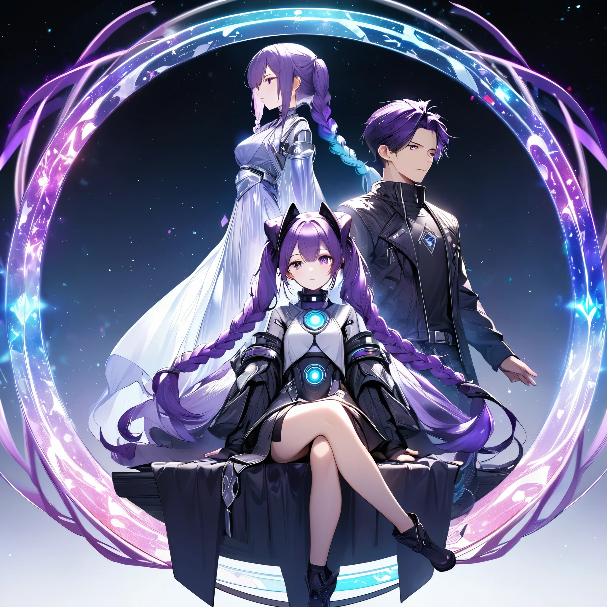 best quality, super fine, 16k, incredibly absurdres, extremely detailed, delicate and dynamic, cool and beautiful cyber warrior, white to purple (gradient:1.3) hair with long braided low twin tails), girl sits on the large translucent iridescent magic circle, and (a boy) who appears to have been summoned by magic stands beside her with puzzled look on his face, background space galaxy far away