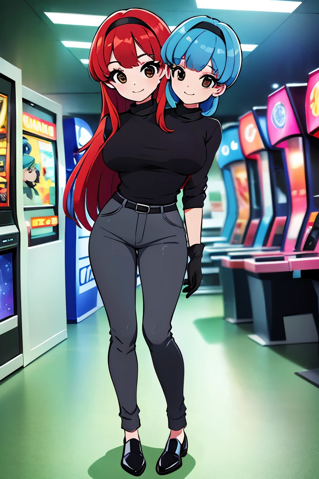 best quality, (masterpiece),(ultra-detailed), (high quality), (high resolution), ((2heads:1.5)), best quality:1.5, highres, UHD, 16K), smiling, highres, masterpiece, ((blue hair)), ((red hair)), different hair colors, gamer girl, long hair, hair band, black eyes, ((black turtleneck shirt)), grey pants, arcade room, (full body), (black gloves)