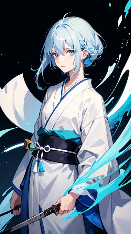 Male with androgynous face　A Japanese woman with sky blue and white hair wearing blue and white clothes. Her hair is long and the background is black.　Holding the handle of a Japanese sword　Facing a gentle front