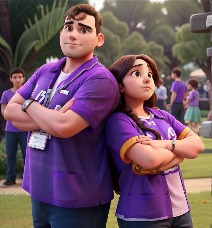 Young man and woman with purple shirts and arms crossed