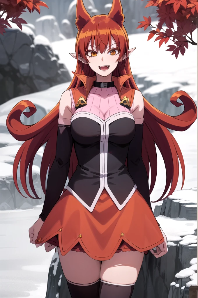 best quality, masterpiece, detailed,
AzazelAmeri,
smile, open mouth, happy, fangs,
red hair, long hair, curly hair, orange eyes, pointy ears, animal ears,
AmeriStudentCouncilDress, black collar, orange skirt, detached sleeves, pink thighhighs,
standing, looking at the viewer,
outdoors, stone, cave