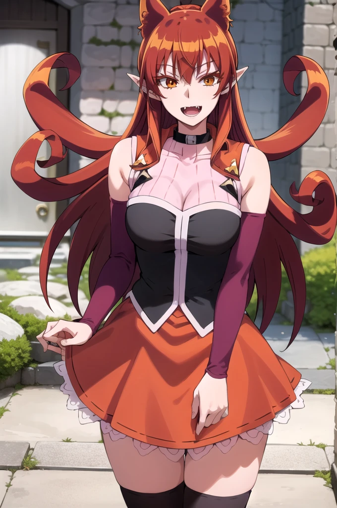 best quality, masterpiece, detailed,
AzazelAmeri,
smile, open mouth, happy, fangs,
red hair, long hair, curly hair, orange eyes, pointy ears, animal ears,
AmeriStudentCouncilDress, black collar, orange skirt, detached sleeves, pink thighhighs,
standing, looking at the viewer,
outdoors, stone, cave