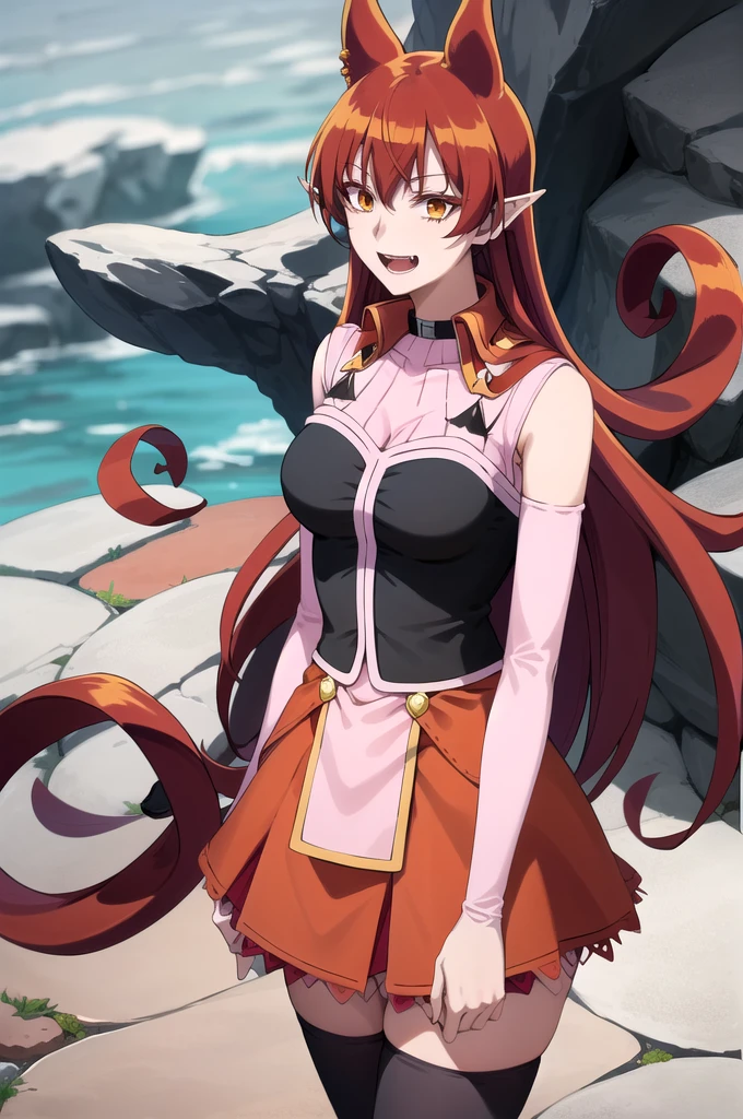 best quality, masterpiece, detailed,
AzazelAmeri,
smile, open mouth, happy, fangs,
red hair, long hair, curly hair, orange eyes, pointy ears, animal ears,
AmeriStudentCouncilDress, black collar, orange skirt, detached sleeves, pink thighhighs,
standing, looking at the viewer,
outdoors, stone, cave