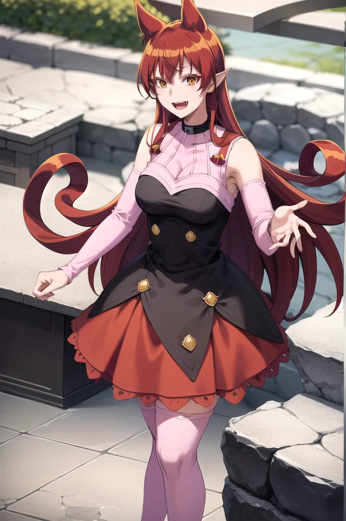 best quality, masterpiece, detailed,
AzazelAmeri,
smile, open mouth, happy, fangs,
red hair, long hair, curly hair, orange eyes, pointy ears, animal ears,
AmeriStudentCouncilDress, black collar, orange skirt, detached sleeves, pink thighhighs,
standing, looking at the viewer,
outdoors, stone, cave