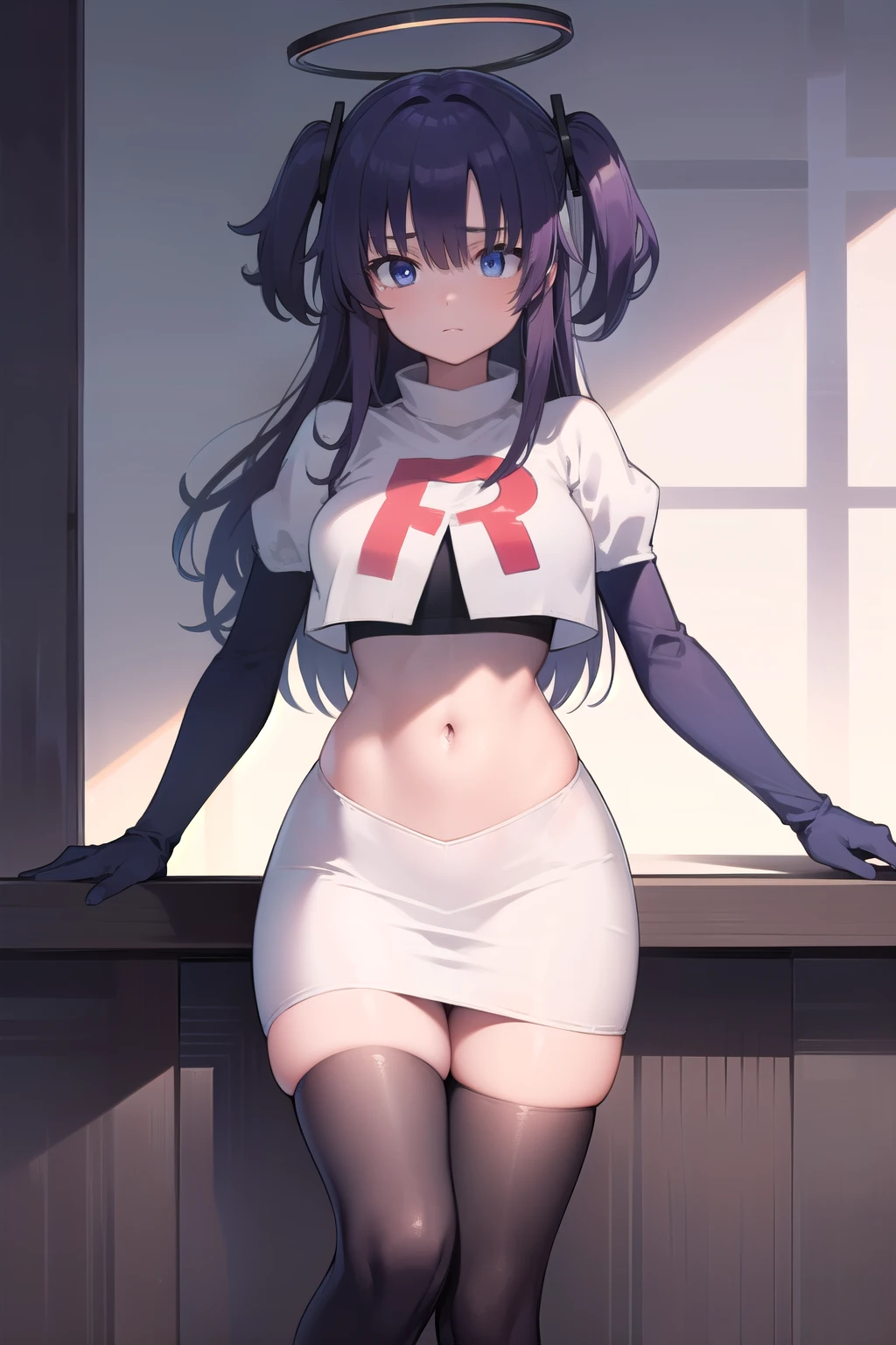bluearchiveyuuka, yuuka, blue eyes, halo, purple hair, two side up, long hair,
BREAK halo, team rocket,team rocket uniform,white skirt,red letter R,crop top,black thigh-highs,black elbow gloves
BREAK looking at viewer,
BREAK (masterpiece:1.2), best quality, high resolution, unity 8k wallpaper, (illustration:0.8), (beautiful detailed eyes:1.6), extremely detailed face, perfect lighting, extremely detailed CG, (perfect hands, perfect anatomy),