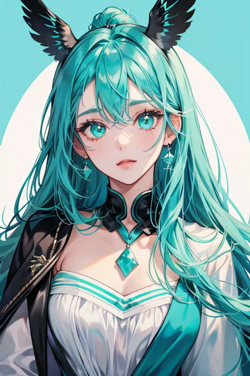 turquoise-colored girl with a white horn on her head, black wings, a black tuft around her neck, SPARKLE; GLITTER