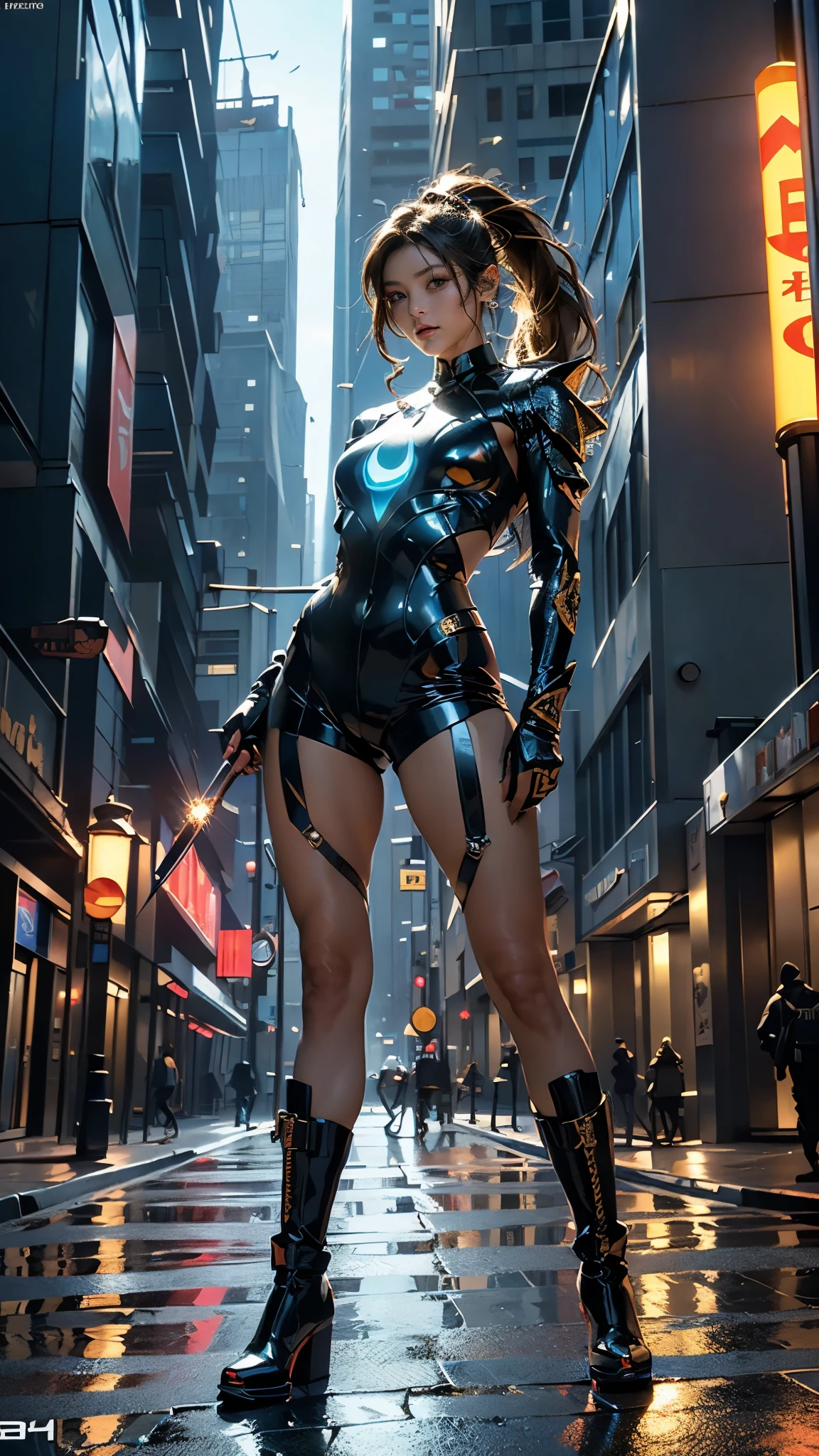 Masterpiece, best possible quality (UHD photographic low angle shot,) ((of a gorgeous stealthy and agile thief and adventurer in the middle of a street, in a dystopian city under attack, by what appear to be humans that have been infused with Viper DNA, The girl was no older than 19 years old, but could fight like she was born for it, natural beauty, stunningly beautiful, (((Ultra-fine-detailed fashion model looks and figure))), long, detailed, flowing ponytail)), ((holding a long dagger:1.5 and a .50 desert eagle)), razor-sharp curved blades, in a fighting stance dressed in leather, scrapped metal and fur lined garments that didn't leave too much to the imagination, consistent with the local tribes. (((It was her very fit body that was exuding a bright blue glowing aura, a luminescence that would light the street at night if it came to that, coming from her body in all directions))), wide-angle lens f/1.8, horrible battle imagery, magical bright blue rays of energy, explosions of earth, fire and smoke, swordplay, exciting action, fierce gaze, Ultra-high-quality, Ultra-fine-details, dystopian, post-apocalyptic setting, cinematic movie still, masterpiece, the best quality possible, highest possible resolution, 8k, ray tracing, HDR, UHD, volumetric lighting, Absurd resolution, textured details, excellent composition and lighting, golden hour, rule of thirds, God rays, God particles, Unreal Engine 5, Unity Engine, Blender, corona render, octane render, masterpiece, maximum detail, full body shot, full shot, wide angle lens, low angle