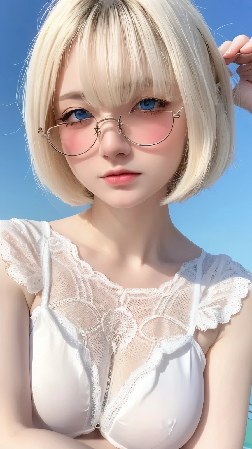 Beautiful and fair、Radiant Skin, 3 Up, Gorgeous, bright, Refreshing and gentle expression, Perfect beautiful face、Blonde short hair, A very beautiful 17 year old girl, Eyeliner, Very perfect and beautiful lovely big clear sky blue eyes,Very large breasts,Grooves reveal original skin,Muscular body,Silver glasses,White tight lace lingerie,