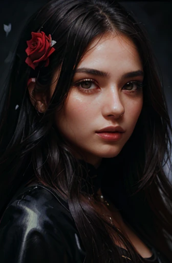 detailed full body portrait of a mesmerizing girl with a black rose in her heart, oil painting, ultra-detailed, realistic, detailed face, vibrant colors, soft lighting, long flowing hair, elegant and mysterious presence, dark background