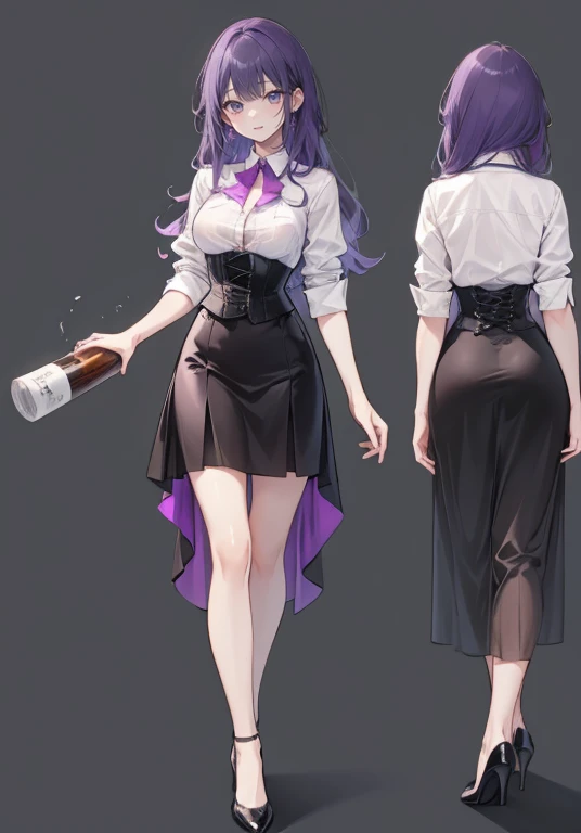 Purple hair,long hair,Adult female,(bartender),((Roll up your shirt sleeves)),(Rolling up the sleeves of his shirt),(corset),(skirt),(High heels),((Simple Background)),smile,((whole body)),((full body)),Character Sheet,