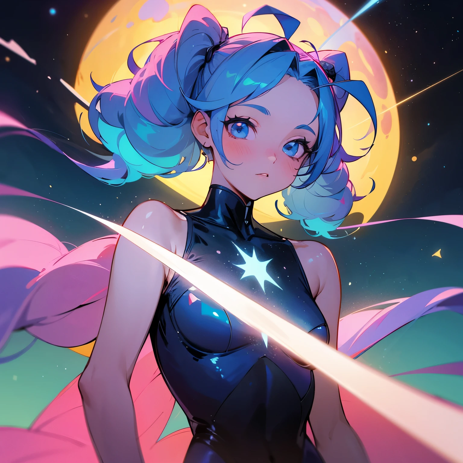 melhor qualidade, obra de arte, super high resolution, an alien girl with hair tied in two pigtails with large blue curls with shiny pink tips, olhos ro sa brilhantes, alien antennas on the head and some stars in the hair, a very cosmic outfit, the character is flying in the galaxy.