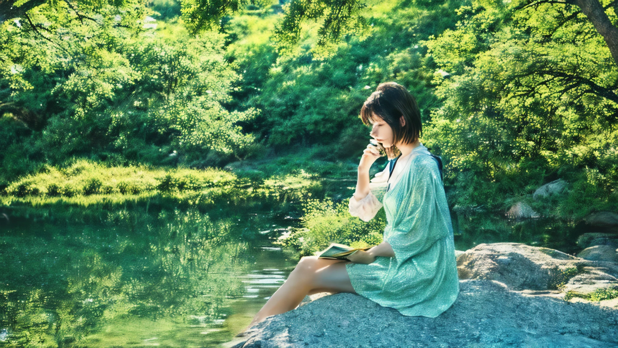 There is a woman sitting on a rock and reading a book., Sit near the river, Sit by the pond, anime nature wallpapers, In the style of Makoto Shinkai, Reading under a tree, makoto shinkai. —h 2160, makoto shinkai. Digital Rendering, Gweiz-style artwork