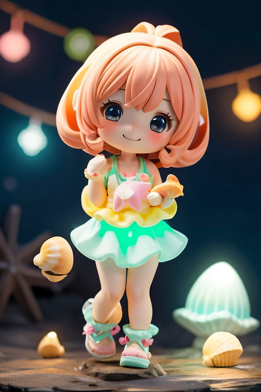 Photorealistic、whole body、Chibi Musume、Seashell Accessories、smile、Cute Shoes、Collecting seashells at night、Neon light clothes
