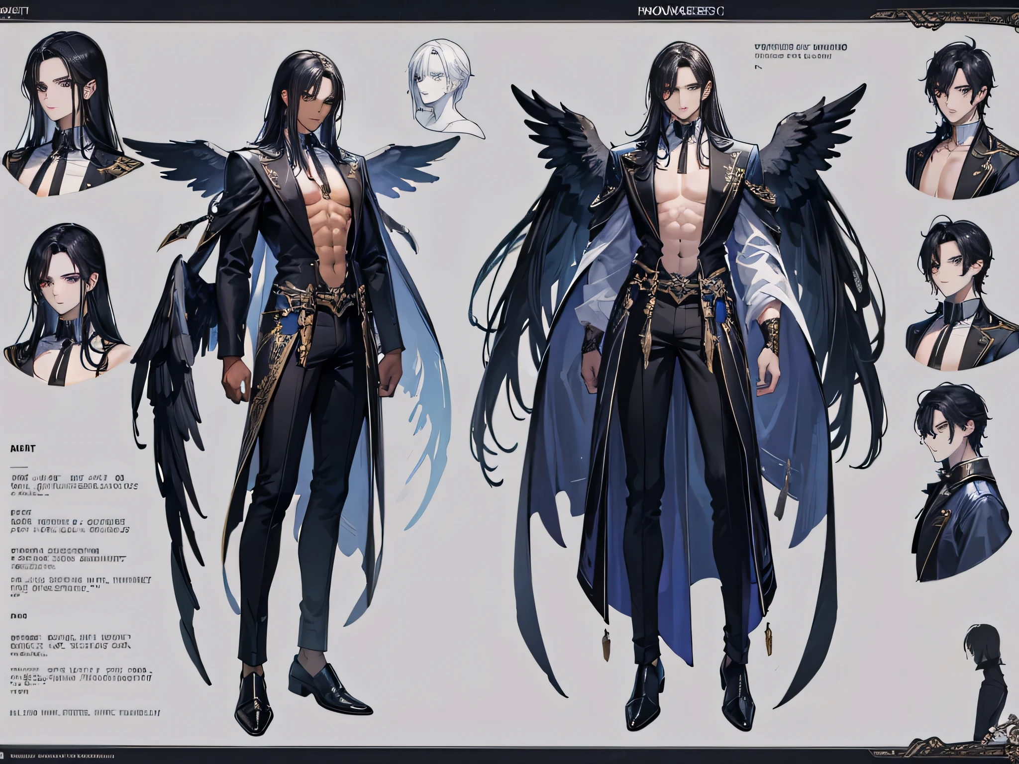 ((Masterpiece, Highest quality)), Male, boy, Detailed face, character design sheet, full bodyesbian, Full of details, frontal body view, back body view, Highly detailed, Depth, Many parts, dark skin, angel wings, black hair, angel outfit, Muscle boy with black long hair,handsome man, male angel , man tall