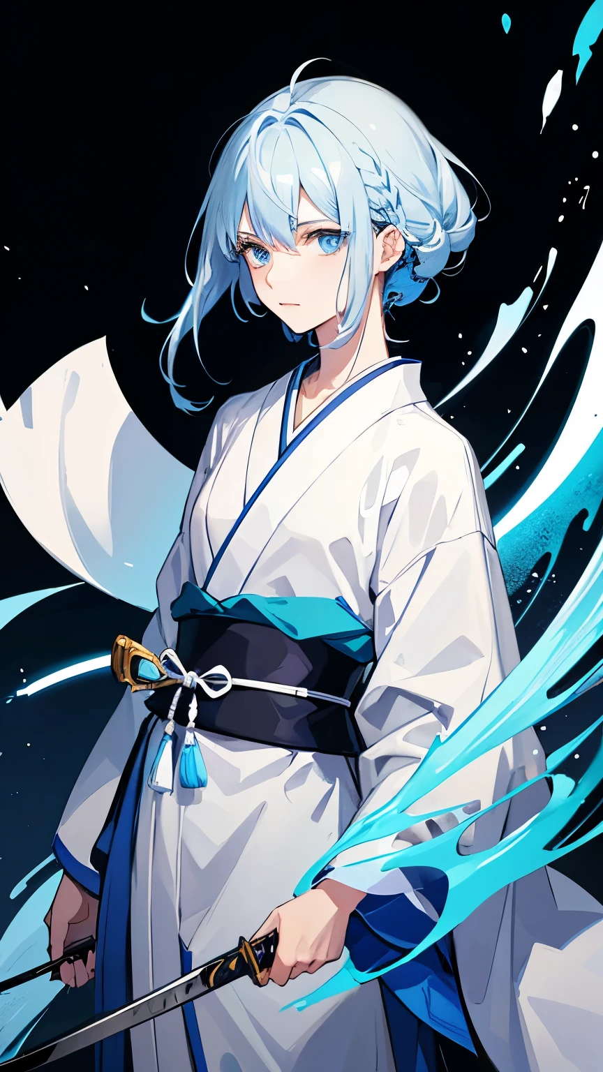Male with androgynous face A Japanese woman with sky blue and white hair wearing blue and white clothes. Her hair is long and the background is black. Holding the handle of a Japanese sword Facing a gentle front