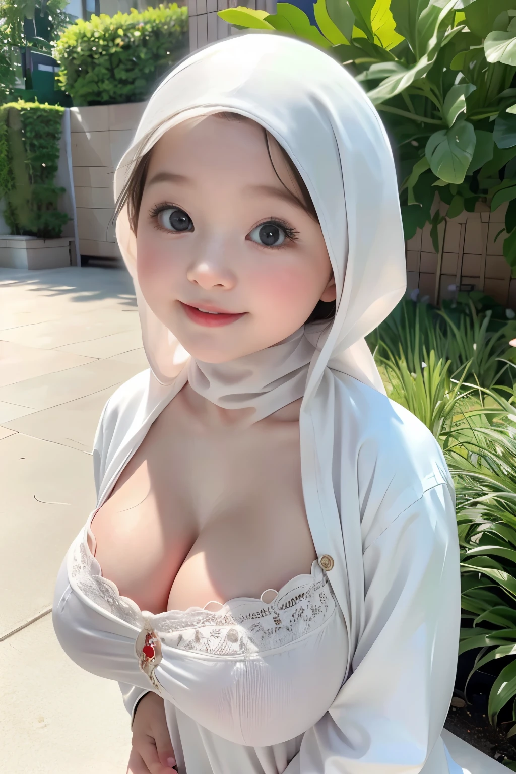 adorable, 1 girl, 8 , baby facesmiling, (face details: 1), (eye details: 1), ((big breasts)). ((Large breasts)). ((Cleavage)). wearing white long shirt, hijab, .. Cute posed. Standing, outdoor, Full body shot, proportional body. Ultra High Res. realistic: 1.4, UHD