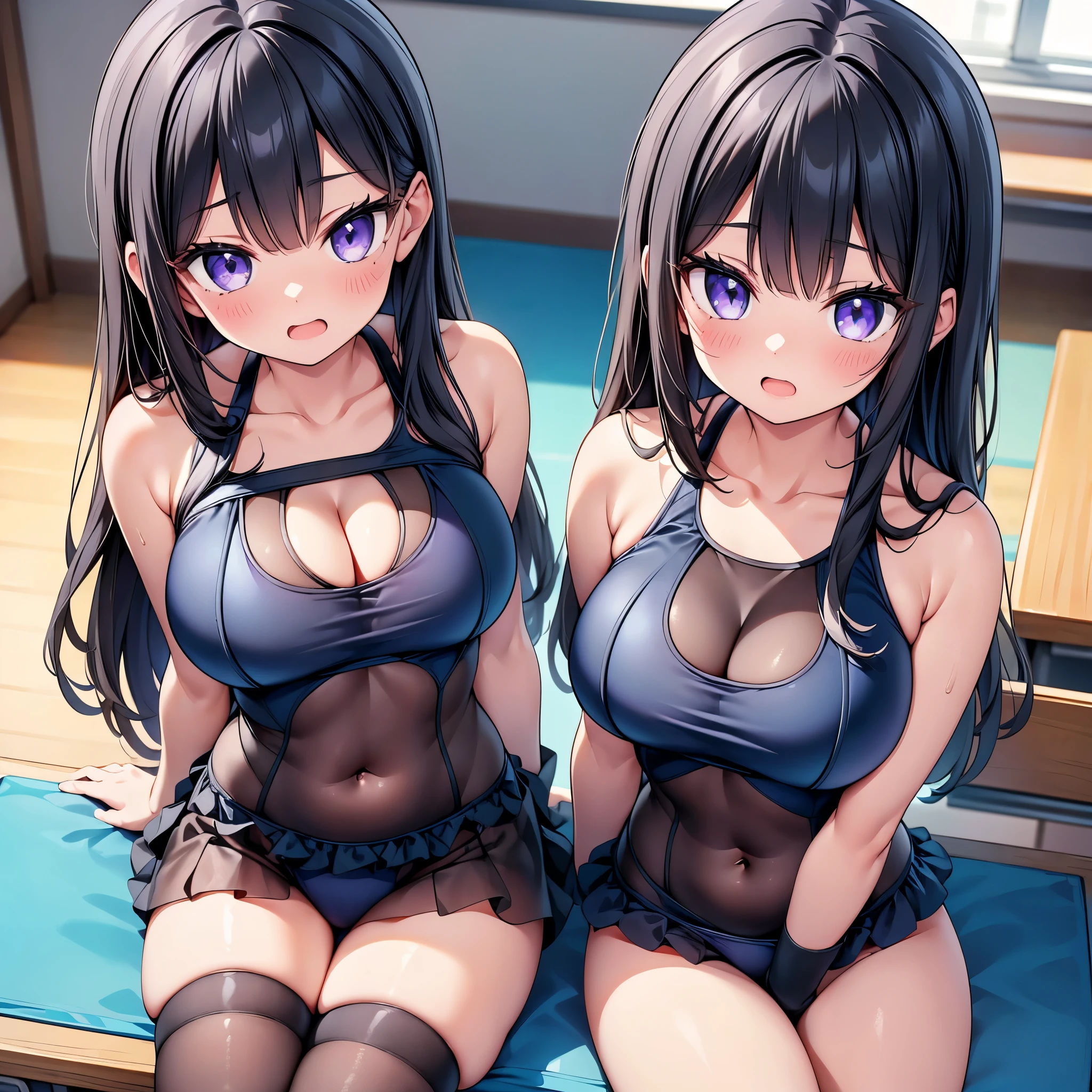 (cute eyes:1.2), (sparkling eyes:1.2), (8K、Best image quality、highest quality、masterpiece)、Detailed face、(2 girls)、Improve、(Black Hair, Purple Eyes, long hair)、(open mouth), (embarrassed), (skinny body:1.3),(huge breasts), (one piece swimsuit:1.2),(see-through:1.3), (cleavage), (crop top navel), Sit on a chair, Classroom Background, (black stockings:1.1), (Thighs:1.1), (Waistline:1.1),(close-up shot of bust), (from above:1.2)