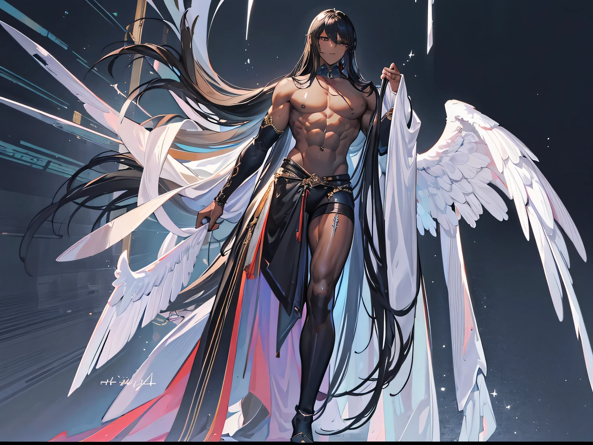 ((Masterpiece, Highest quality)), Male, boy, Detailed face, character design sheet， full bodyesbian, Full of details, frontal body view, back body view, Highly detailed, Depth, Many parts, dark skin, angel wings, black hair, angel outfit, Muscle boy with black long hair，handsome man, male angel , man tall