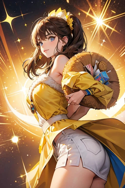 she has brown fur and circular yellow croquettes on her cheeks SPARKLE; GLITTER