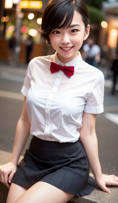 (8k, RAW Photos, highest quality, masterpiece:1.2), (Realistic, photo-Realistic:1.37), Very detailed,
1 girl,cute, alone,Beautifully detailed skies,Detailed Cafe,night,Sitting,Date,(Red nose),(smile:1.1),(Mouth closed),Large Breasts, seductive smile, Wide opening, Professional Lighting, Sony A7R4, Zesse 50mm F1.8,
Medium chest,Beautiful fine details,(Collared shirt:1.1), bow tie,Pleated skirt,(short hair:1.2),Floating Hair