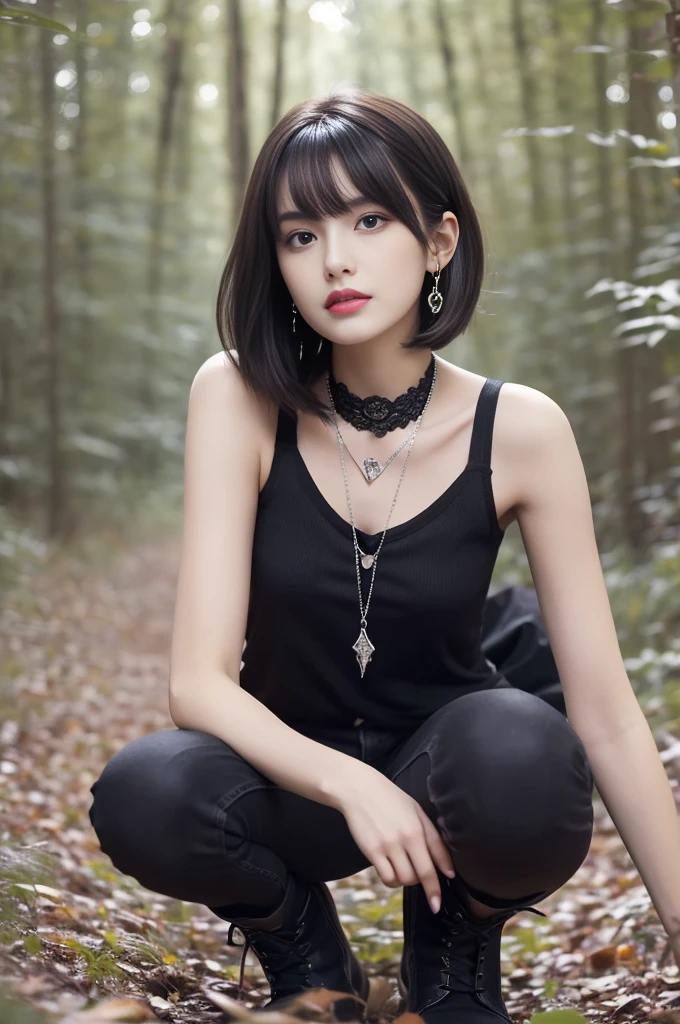 (highres:1.2,ultra-detailed:1.1)1 female, very thin and willowy body, long and slender legs, black short hair with thick and fluffy bangs, highly detailed face, cosmetics free, small and thin nose, small thin mouth, very sharp focused eyes, Japanese, beautiful face, realistic eyes, fine and beautiful eyes, real looking skin, pair it with a black or dark grey tank top, choose trendy skinny jeans, at your feet, choose black lace-up boots, creates a modern and edgy look,  choose silver or black jewelry for your accessories, tightens the whole, the completed style expresses the image of a mysterious and modern witch,(((In the forest))),forest,forest