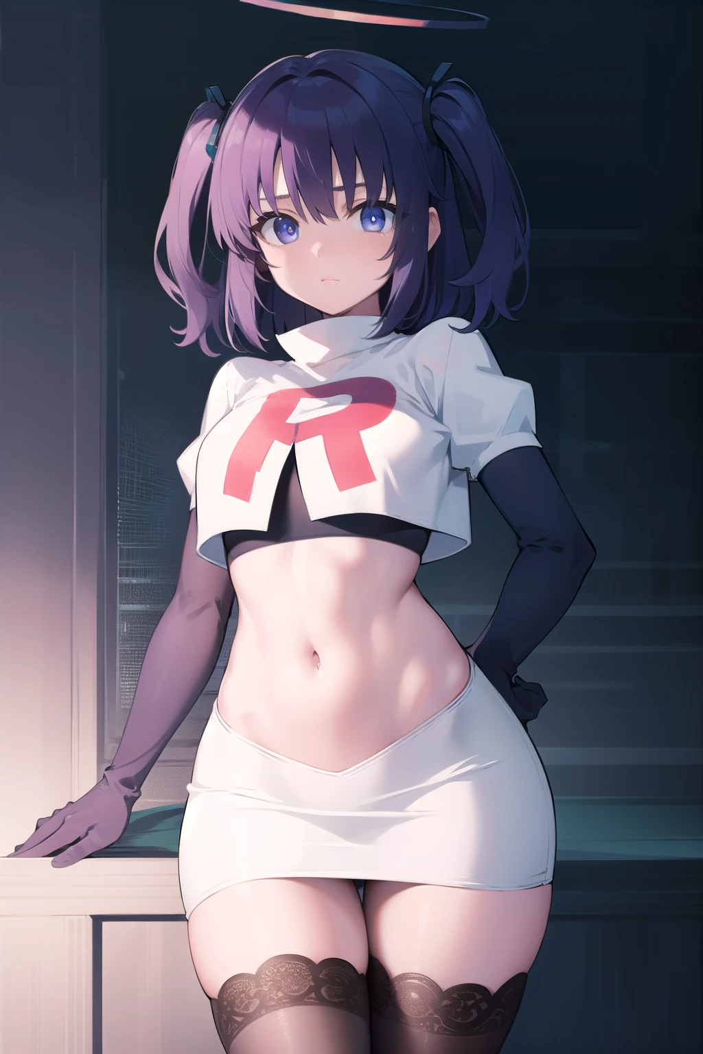 bluearchiveyuuka, yuuka, blue eyes, halo, purple hair, two side up, long hair,
BREAK halo, team rocket,team rocket uniform,white skirt,red letter R,crop top,black thigh-highs,black elbow gloves
BREAK looking at viewer, 
BREAK (masterpiece:1.2), best quality, high resolution, unity 8k wallpaper, (illustration:0.8), (beautiful detailed eyes:1.6), extremely detailed face, perfect lighting, extremely detailed CG, (perfect hands, perfect anatomy),