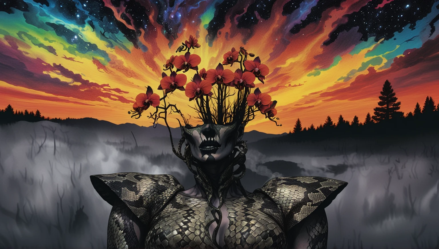 Medusa, colors, bleak muted deep fiery radiant glowing ROYGBIV, splash page decompressed comic cover art, ink style figure, ((expressive Joelle Jones and "Sean Gordon Murphy" comic drawing)), wordless, cinematic poster, double exposure, optical illusion, image within image, abyss void black no visibility darkness, full length portrait, (background, pine barrens, entropy, rewilding, magic hour sunset, galaxy stars, cosmos), (horror, abstract, surreal, body, cosmic), candid, snake skin dress, morphology anatomy drawn Frederic Delavier musculature anatomical illustration, (face, ornate black-metal corpsepaint face paint, resembles Grace Jones), (body, Naga, snakefolk, lower body snake tail, snake woman hybrid, bald, hairless, skeleton, snake skin tattoos, piercing eyes, snake pupils, over the shoulder), (colors, bleak muted deep fiery radiant glowing ROYGBIV, forest green, earth brown), craftsmanship nuance, (Gerardo Zaffino charcoal), subliminal orchids, nyctophobia, silhouette