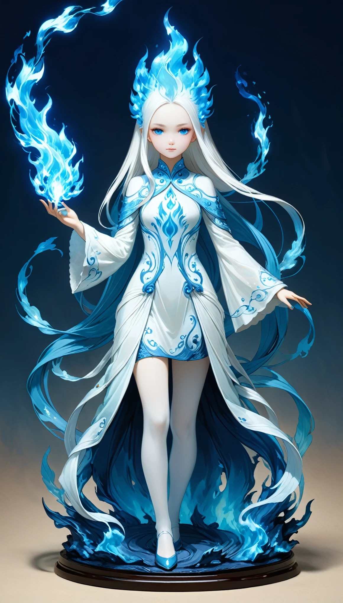 surrealist style,(depicting (((blue fire))) Elemental figurine designed:1.2),character design by Liu Ye,Edwin Austin Abbey,
BREAK
long white hair,white eyes,white clothes,
BREAK
(pose:1.4),(the lines of movement of the wind:1.4),simple background,(elementalized body:1.1),ring lightning,